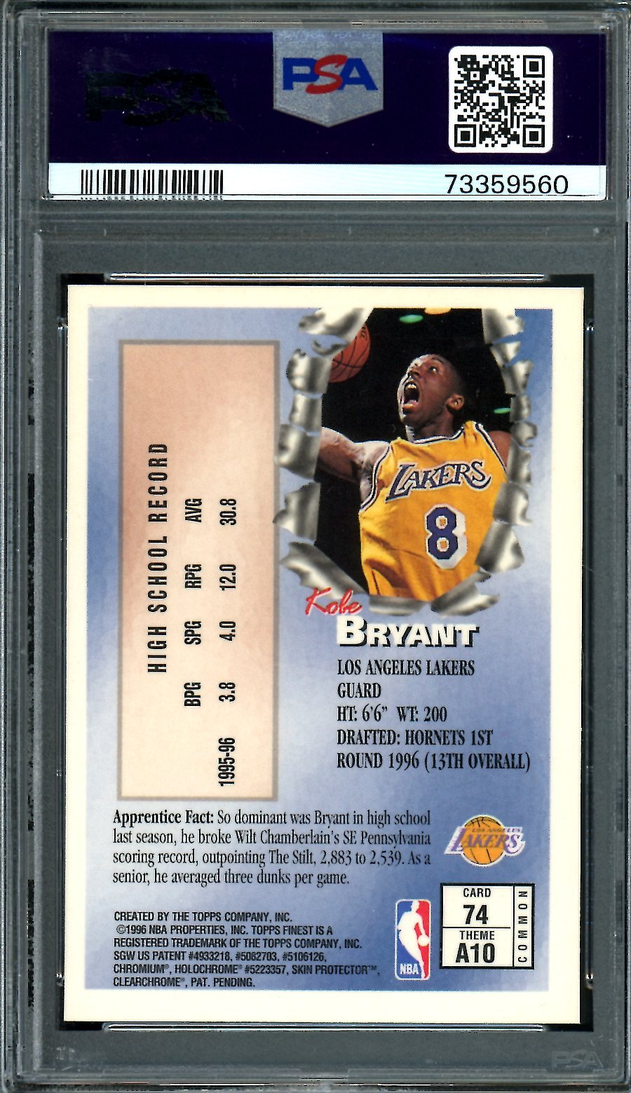 1996/97 Topps Finest Kobe Bryant Rookie w/ Coating PSA 8 Lakers