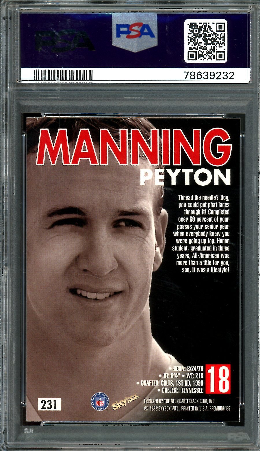 1998 Fleer Skybox Premium Peyton Manning Rookie PSA 8 Colts