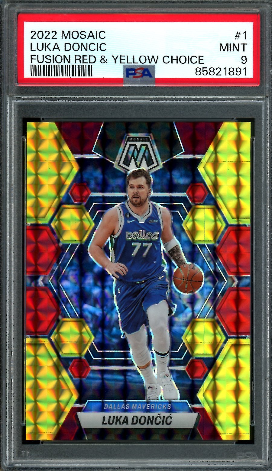 2022/23 Panini Mosaic Luka Doncic Fusion Red & Yellow Choice /88 PSA 9 Mavericks