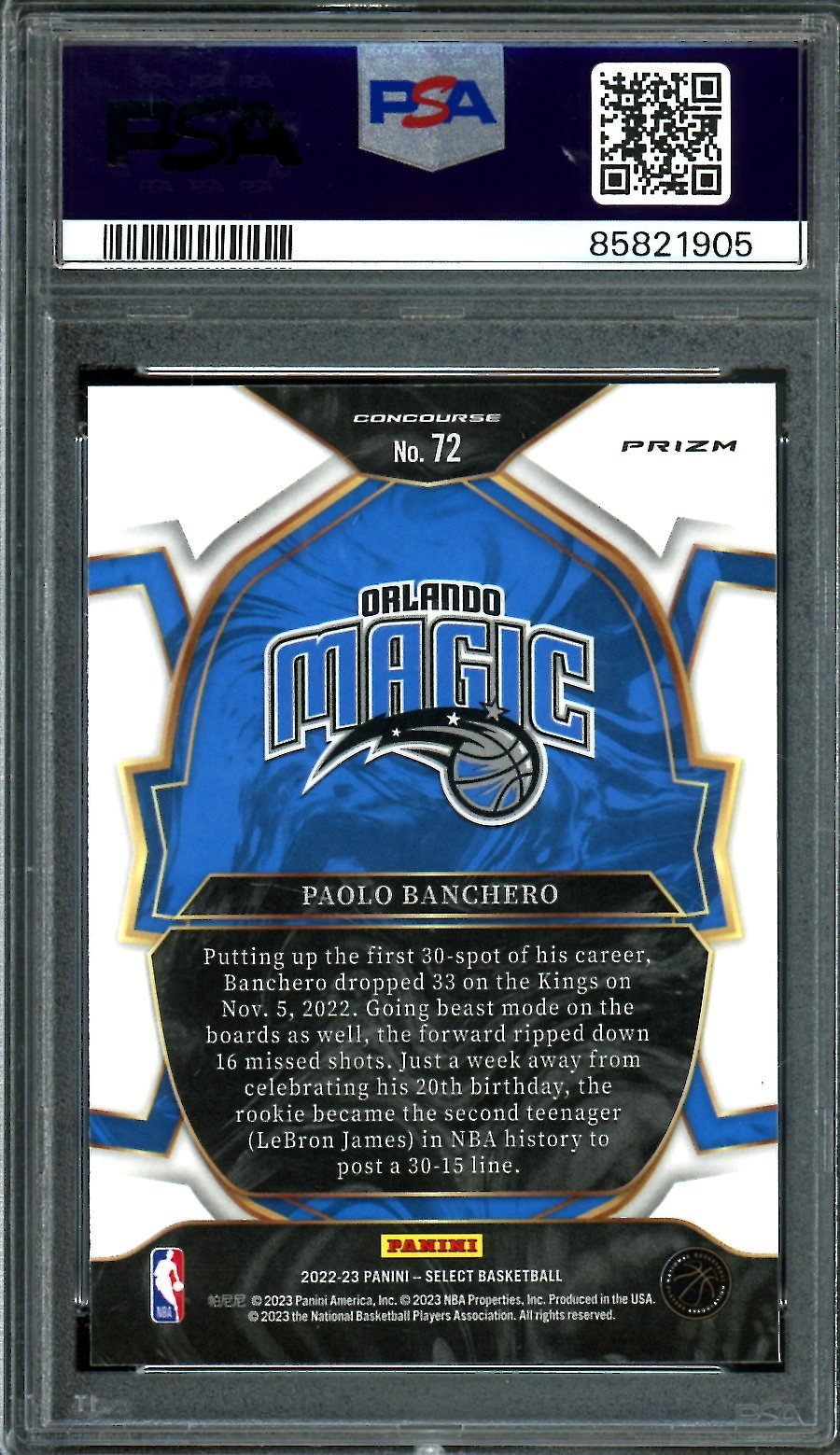 2022/23 Panini Select Paolo Banchero Rookie Concourse Silver PSA 9 Magic