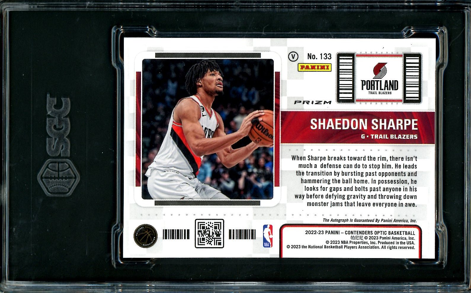 2022/23 Panini Contenders Optic Shaedon Sharpe Rookie Ticket Variation Auto SGC 9.5 Trail Blazers