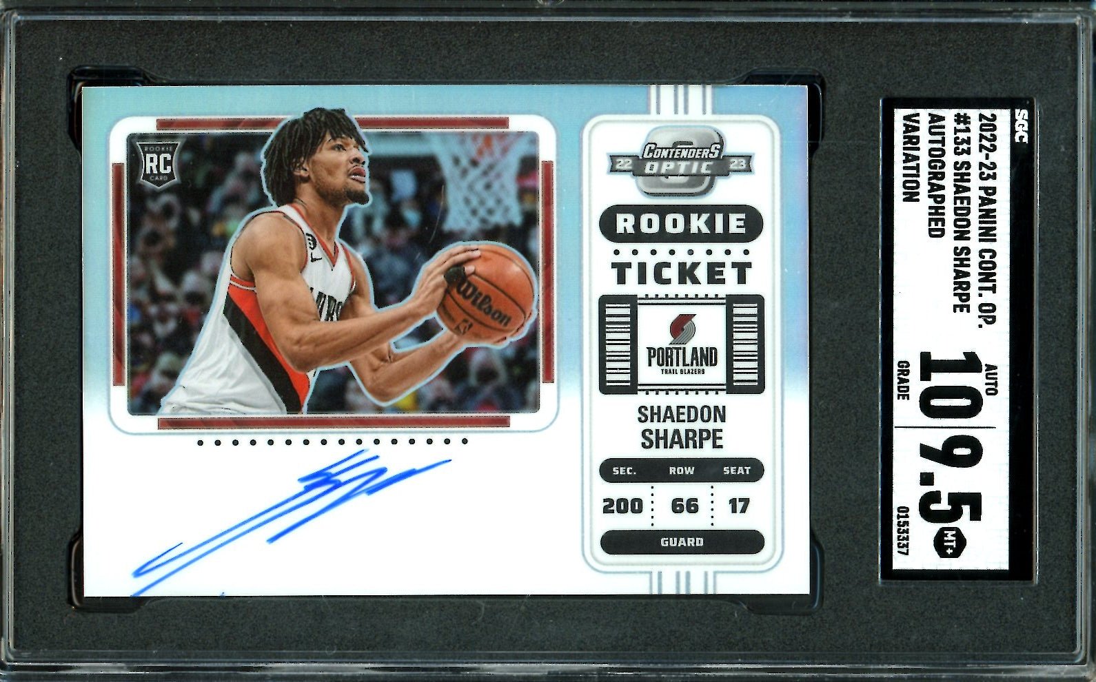 2022/23 Panini Contenders Optic Shaedon Sharpe Rookie Ticket Variation Auto SGC 9.5 Trail Blazers