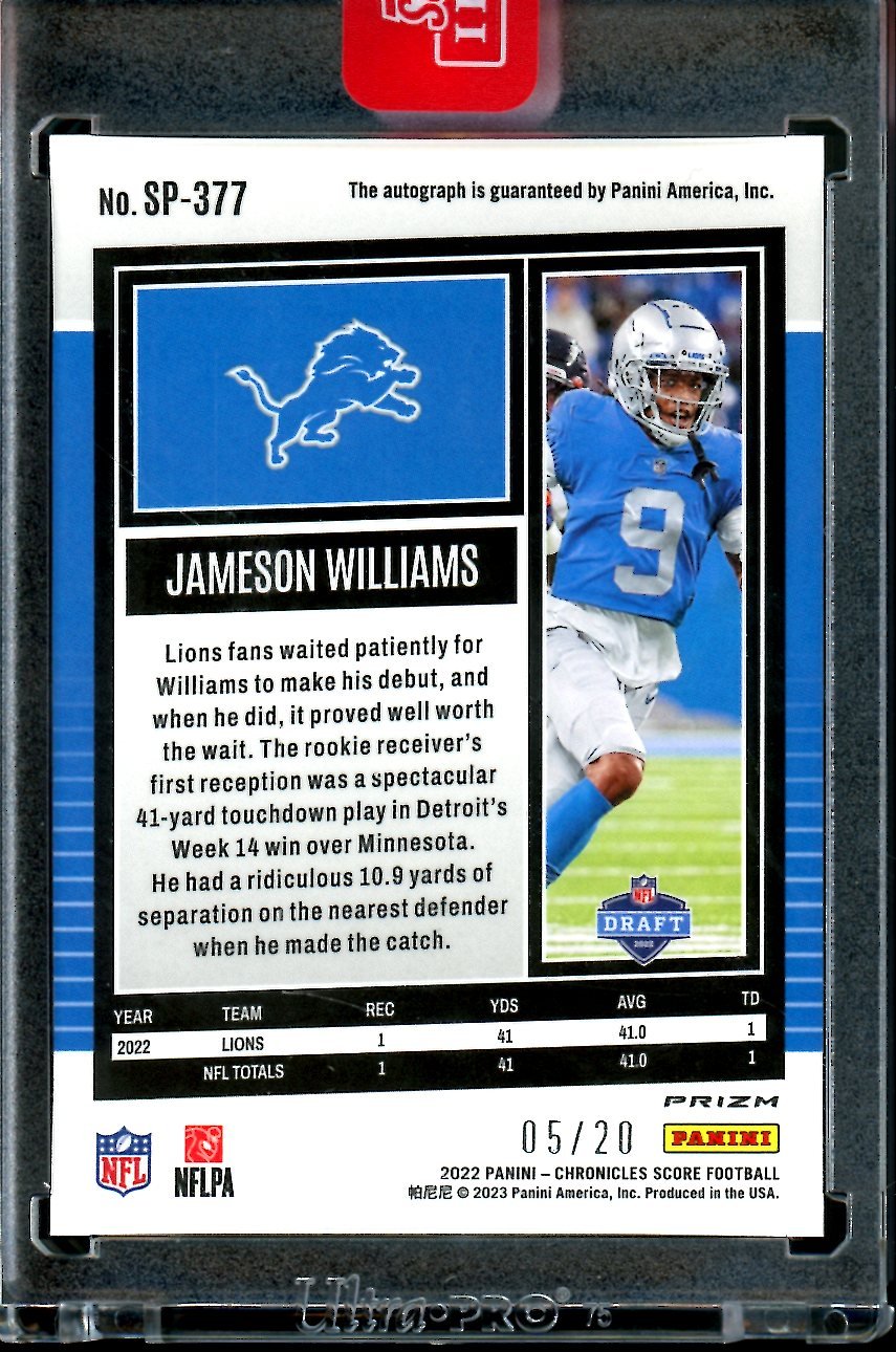 2022 Panini Chronicles Score Jameson Williams Rookie Auto Red Zone /20 Lions