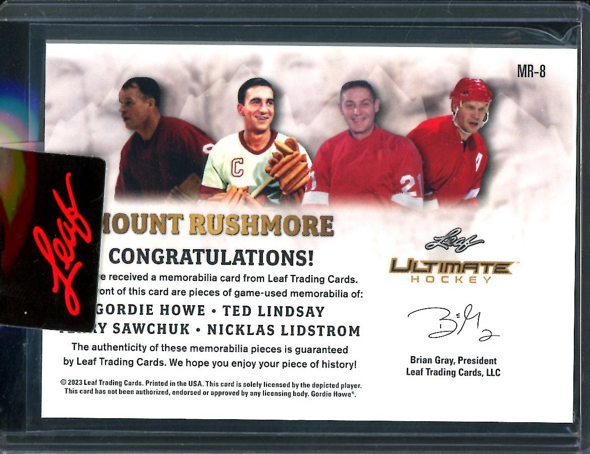 2023 Leaf Ultimate Hockey Gordie Howe/Ted Lindsay/Terry Sawchuk/Nicklas Lidstrom Mount Rushmore Quad Patch /25