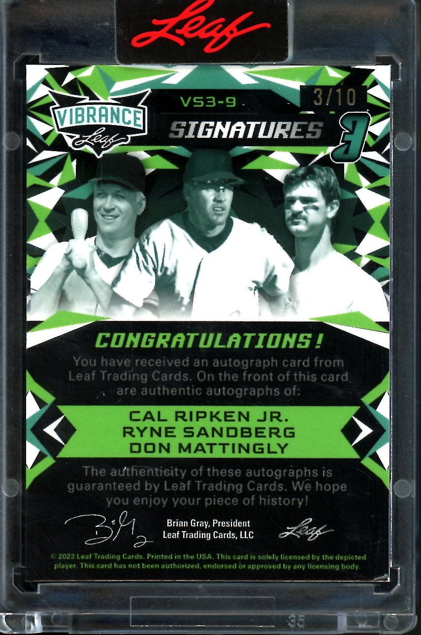 2023 Leaf Vibrance Cal Ripken Jr./Ryne Sandberg/Don Mattingly Triple Auto /10
