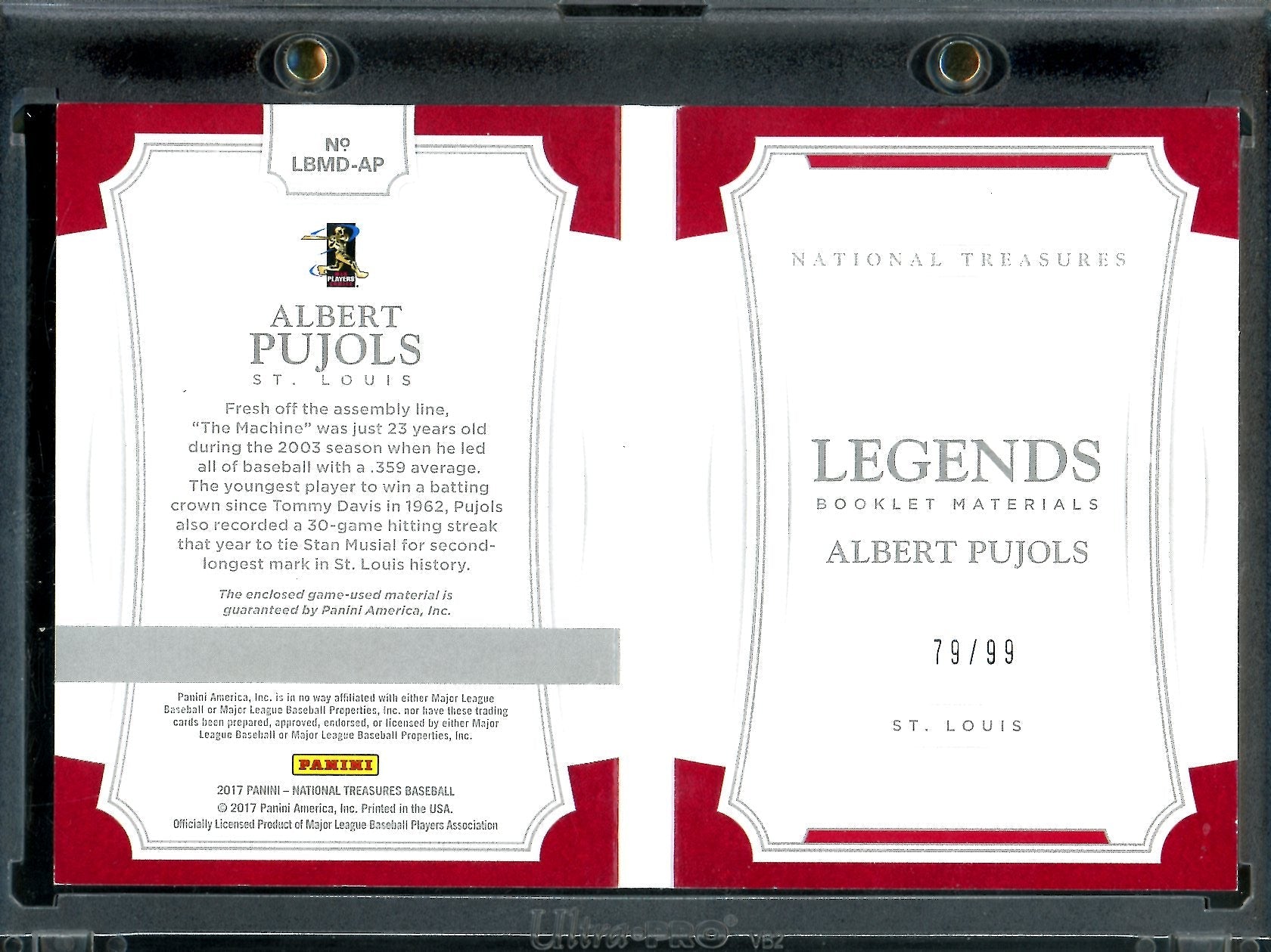 2017 Panini National Treasures Albert Pujols Legends Booklet Patch /99 Cardinals