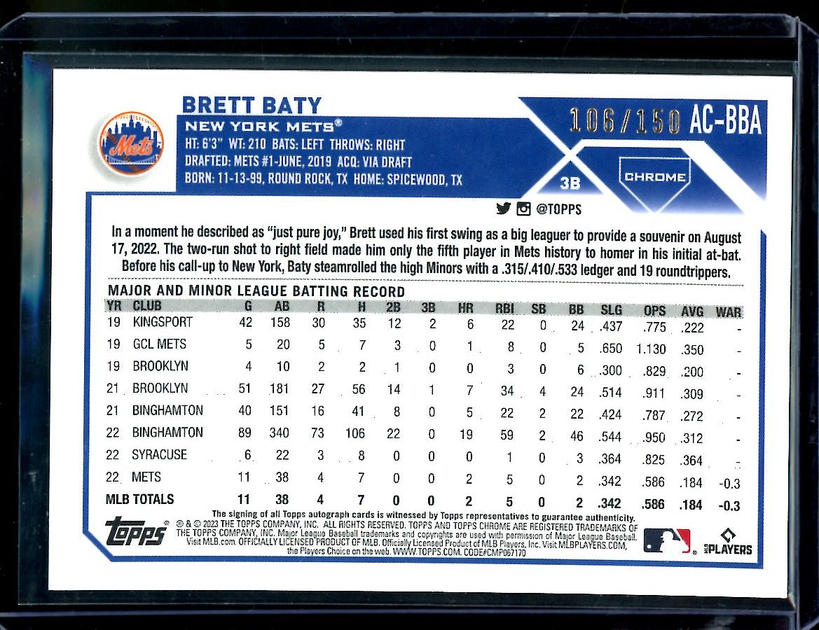 2023 Topps Chrome Brett Baty Rookie Blue Wave Auto /150 Mets