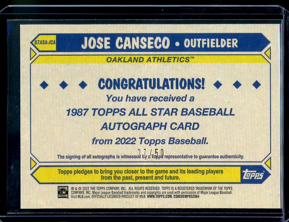 2022 Topps Jose Canseco 1987 Auto /50 Athletics