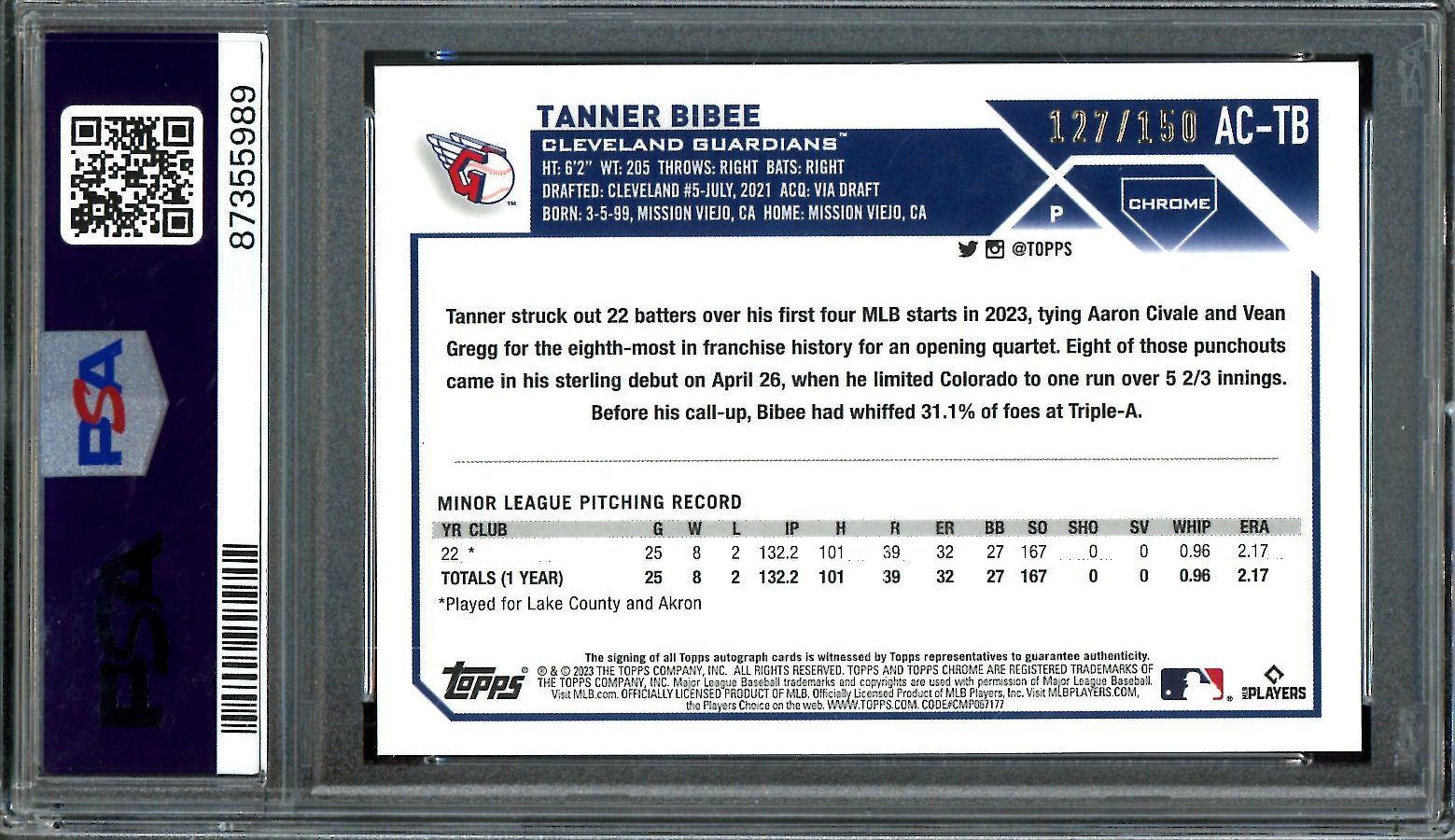 2023 Topps Chrome Tanner Bibee Rookie Auto Blue /150 PSA 10 Guardians