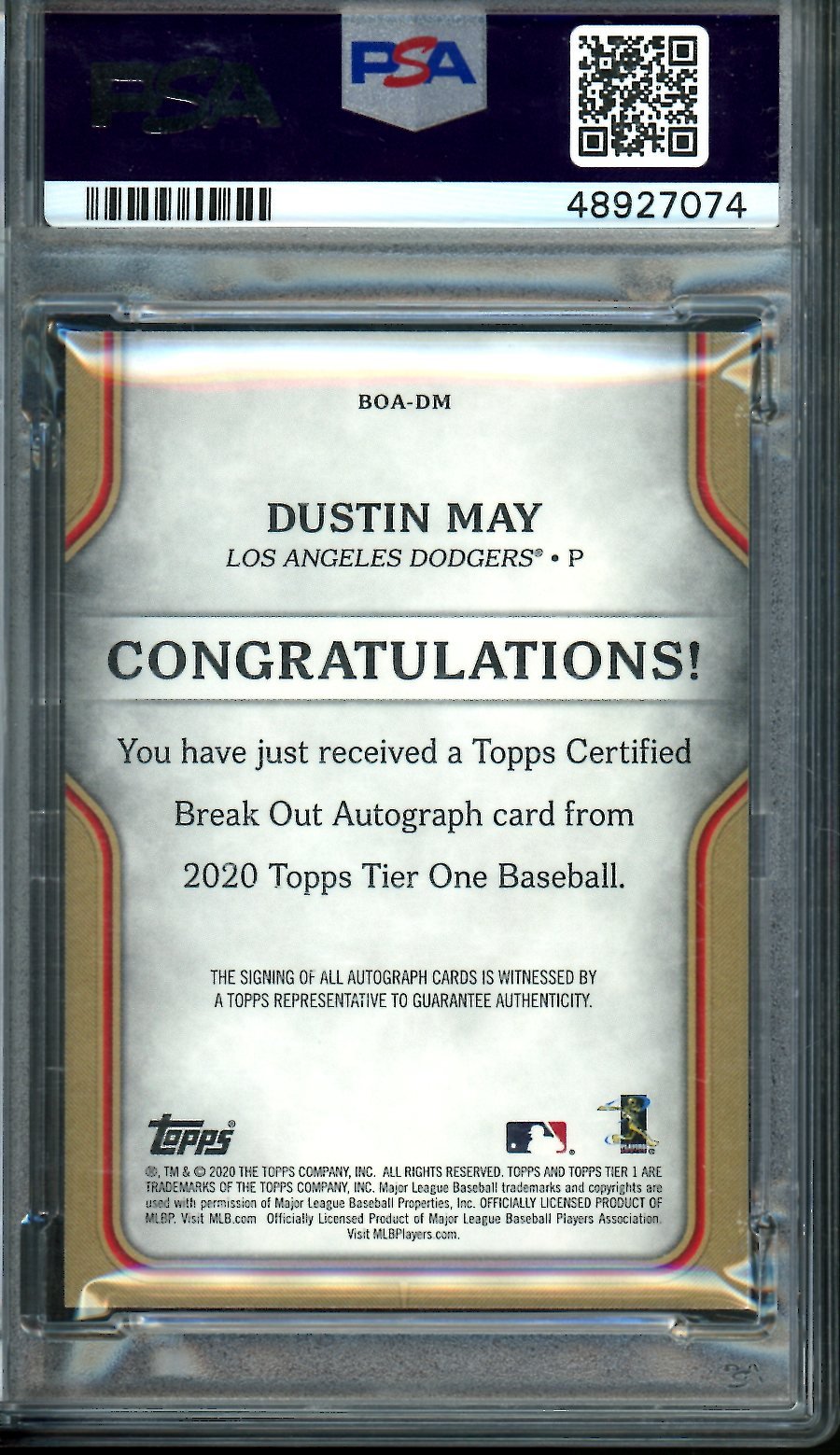 2020 Topps Tier One Dustin May Rookie Auto /299 PSA 9 Dodgers