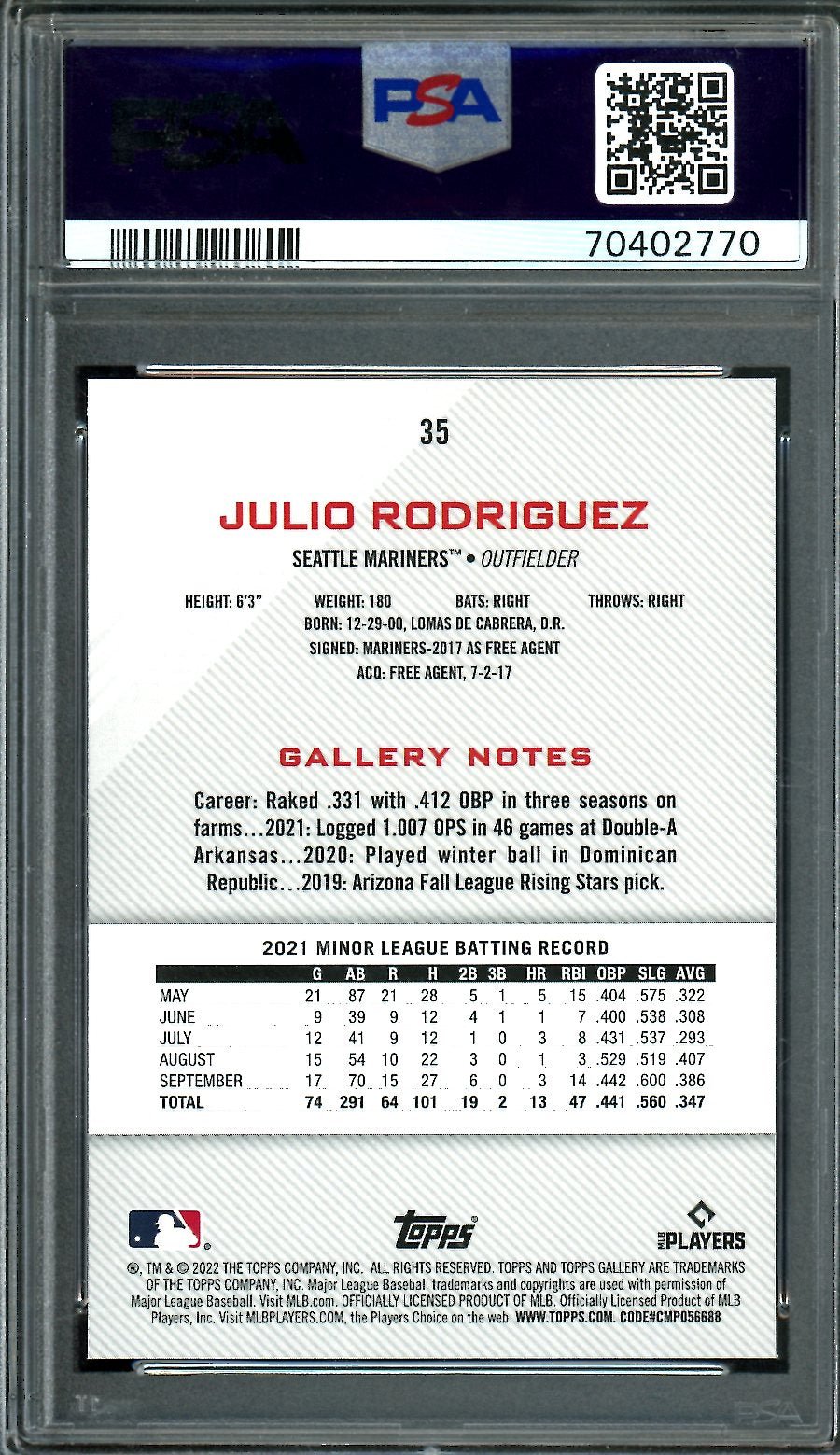 2022 Topps Gallery Julio Rodriguez Rookie PSA 10 Mariners