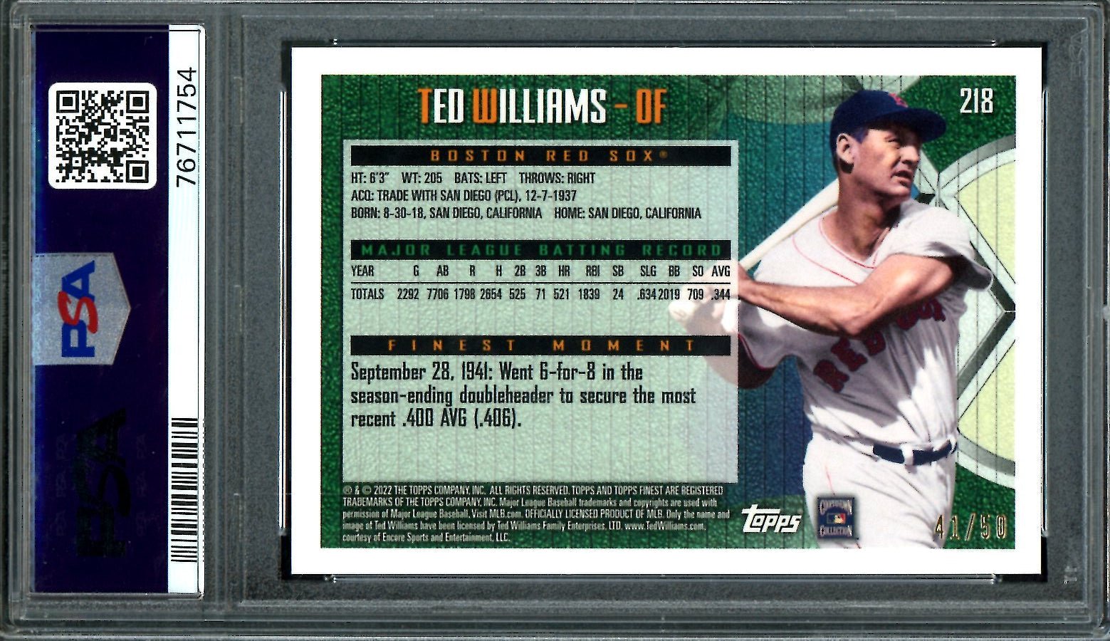 2022 Topps Finest Flashbacks Ted Williams SP Gold Refractor /50 PSA 9 Red Sox
