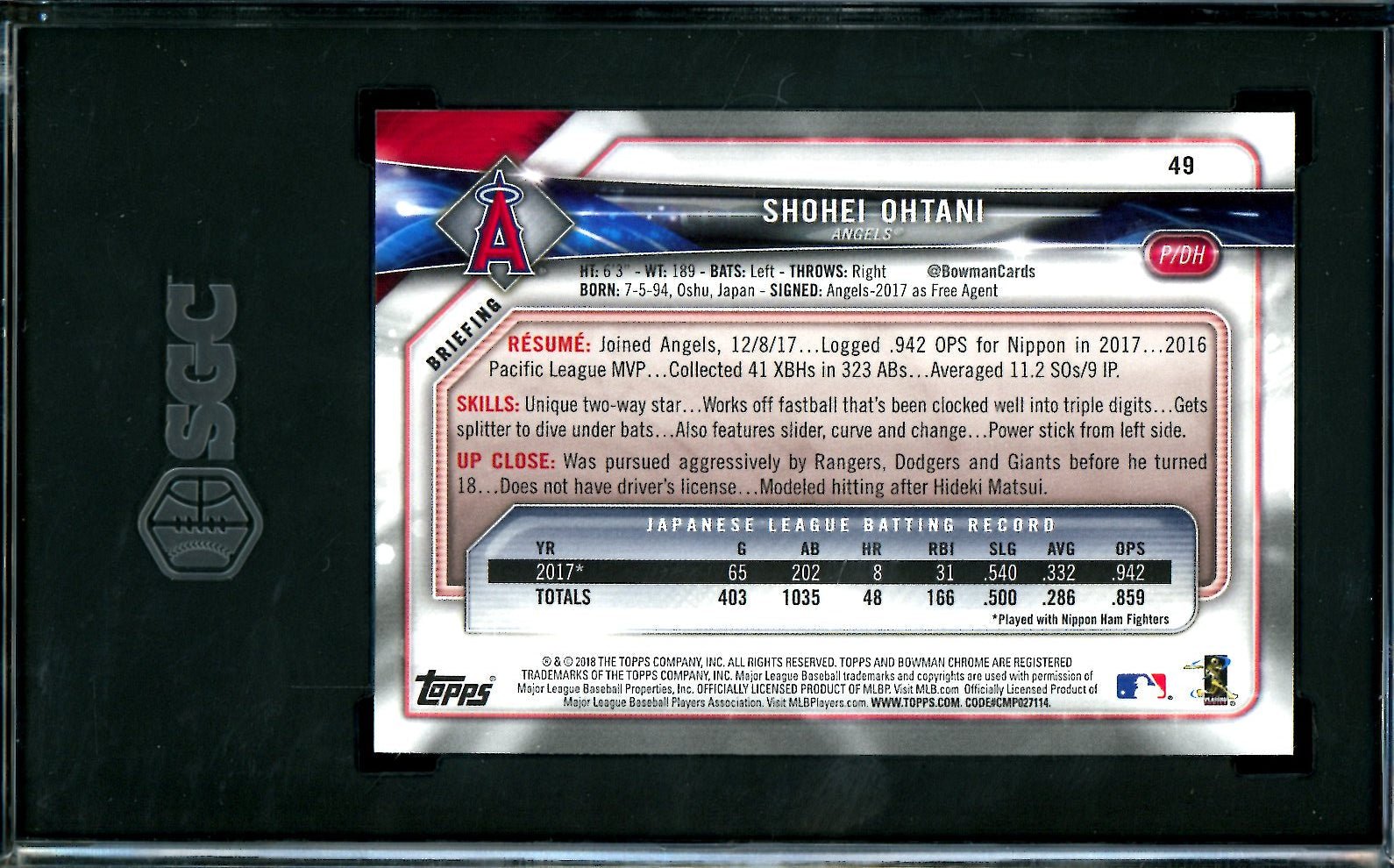 2018 Bowman Shohei Ohtani Rookie SGC 9.5 Angels