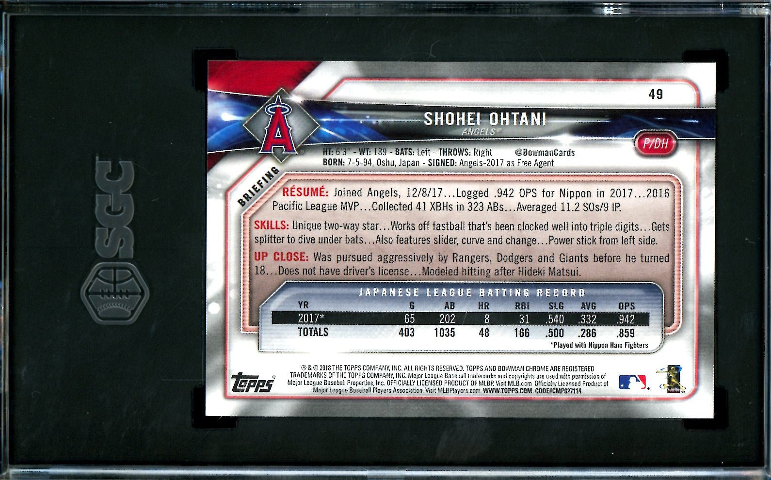 2018 Bowman Shohei Ohtani Rookie SGC 10 Angels