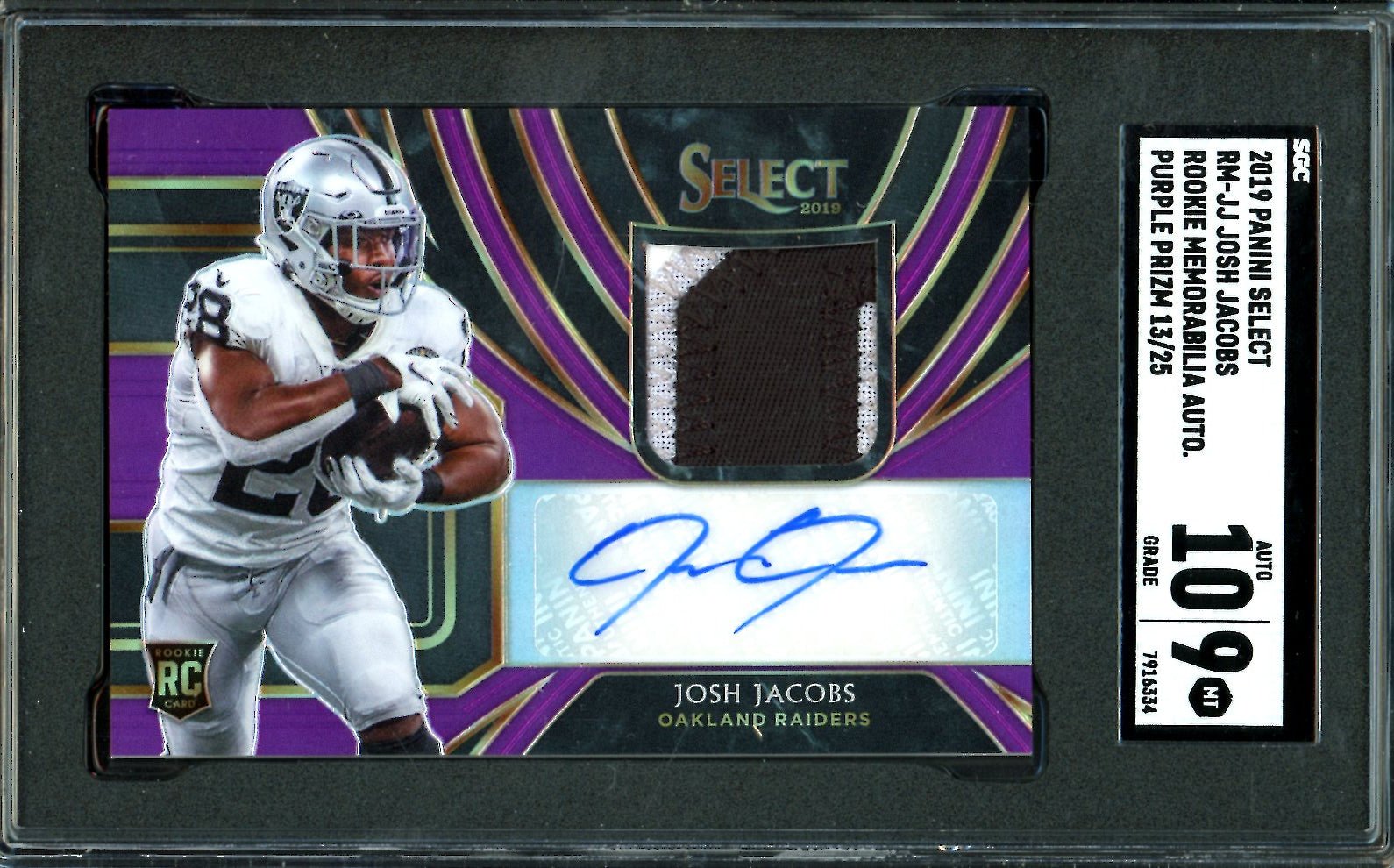 2019 Panini Select Josh Jacobs Rookie RPA Purple /25 SGC 9 Raiders