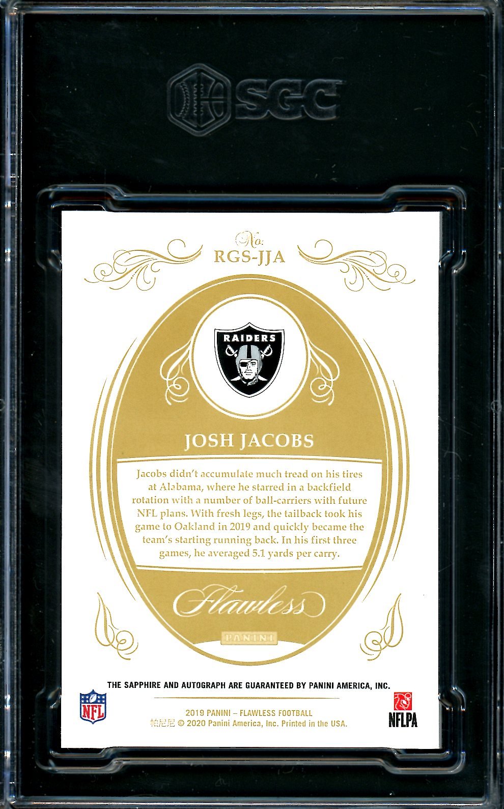 2019 Panini Flawless Josh Jacobs Rookie Sapphire Auto /15 SGC 9.5 Raiders