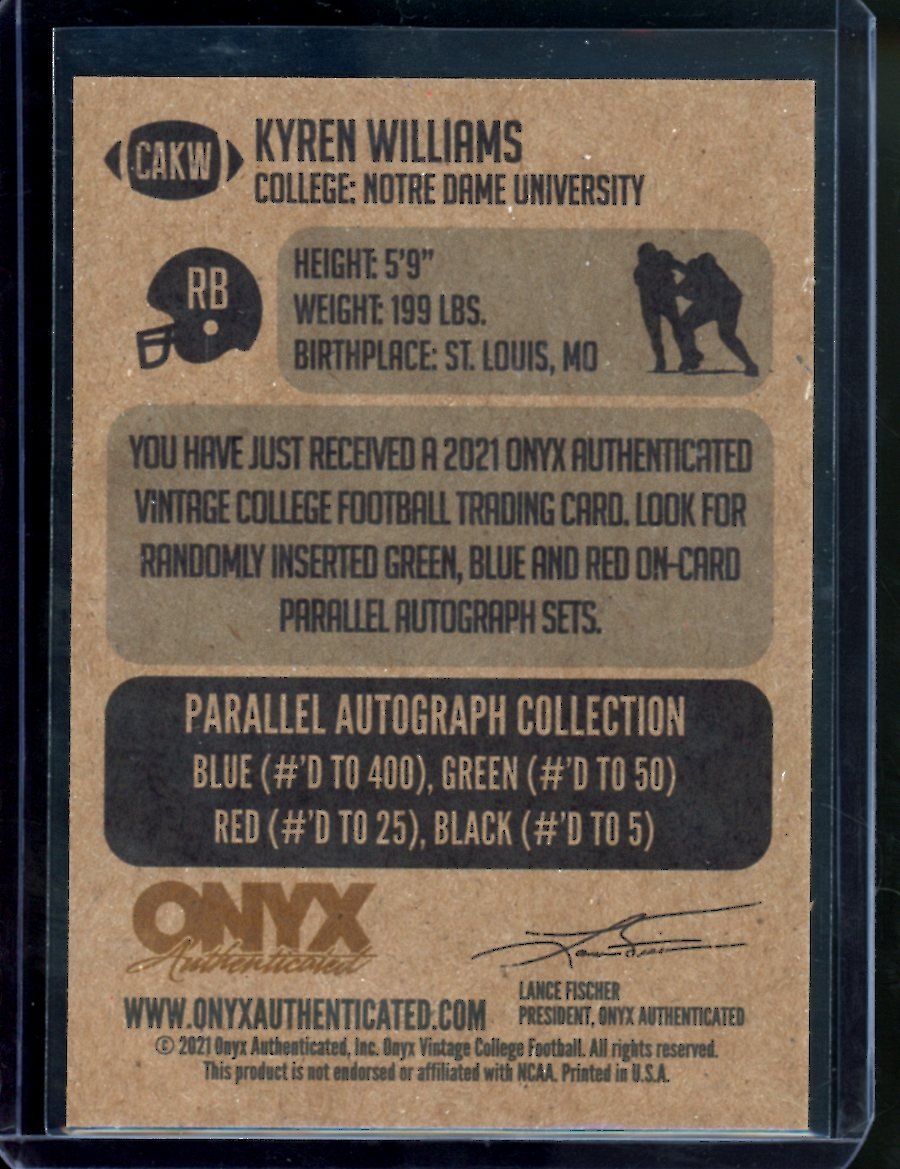 2021 Onyx Vintage Kyren Williams Blue Auto Notre Dame