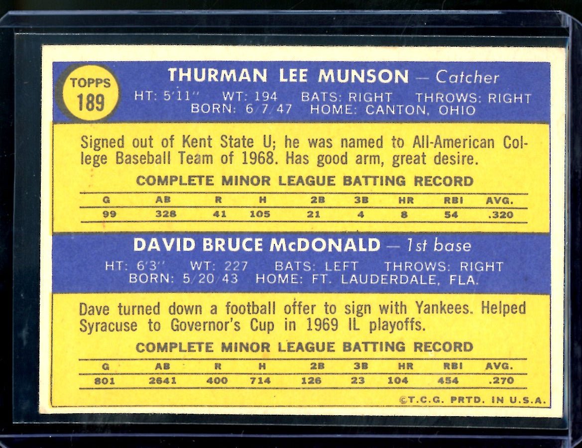 1970 Topps Thurman Munson/Dave McDonald Rookie Stars #189 Yankees