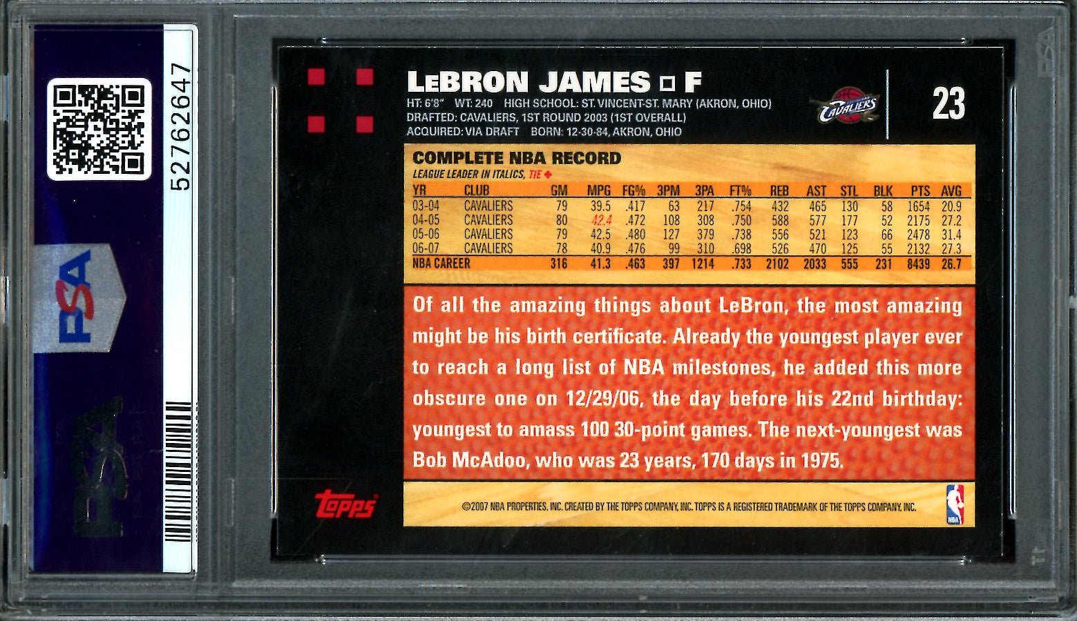 2007 Topps Topps LeBron James #23 PSA 9 Cavaliers