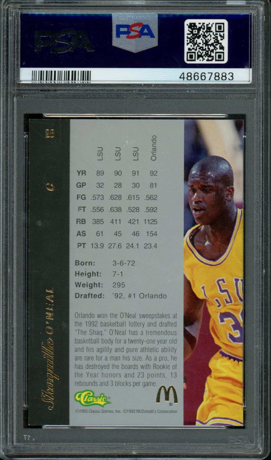 1993 Classic 4 Sport Shaquille O'Neal McDonald's PSA 8.5 Tigers