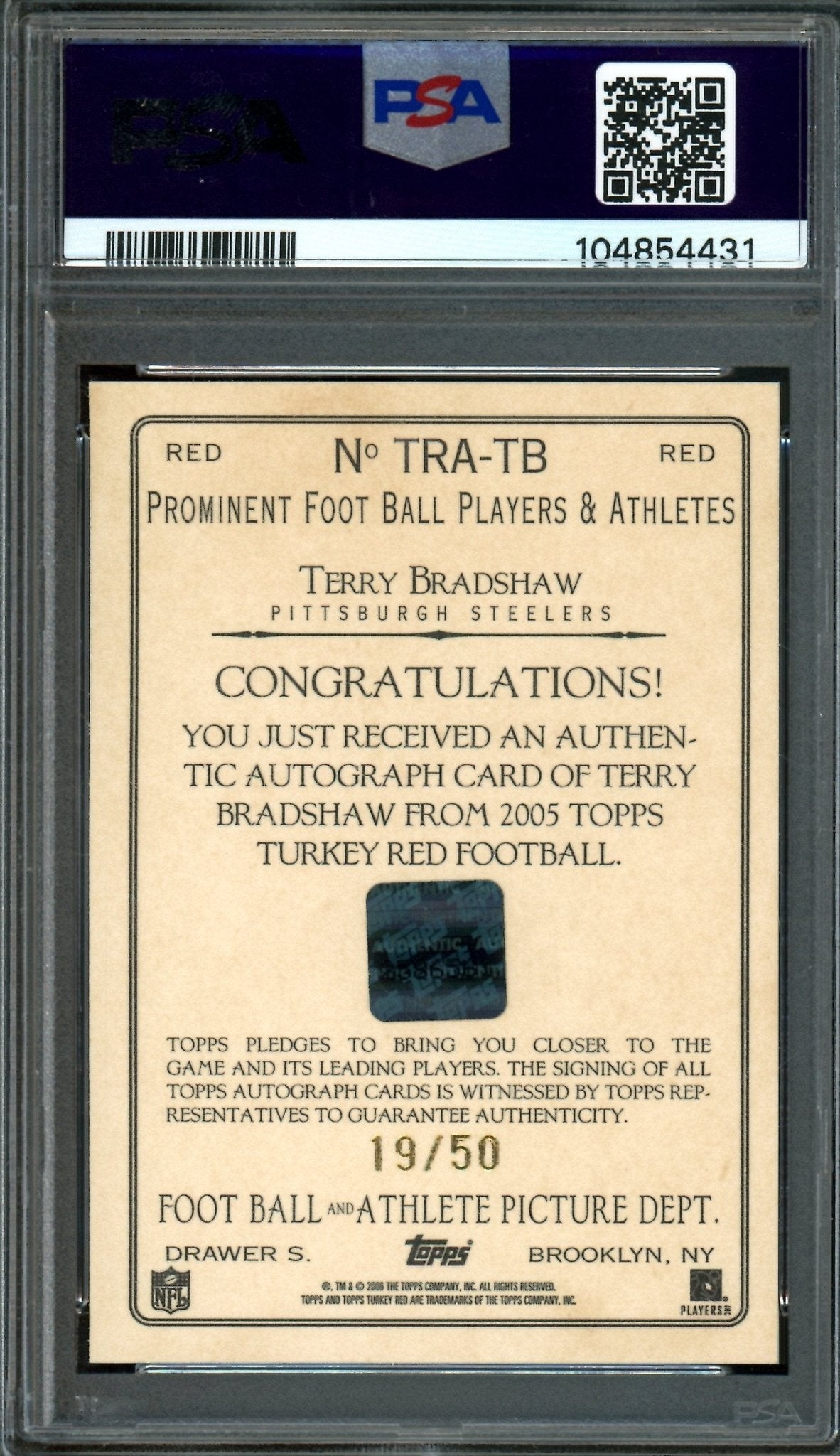 2005 Topps Turkey Red Terry Bradshaw Autograph Red /50 PSA 8 Steelers